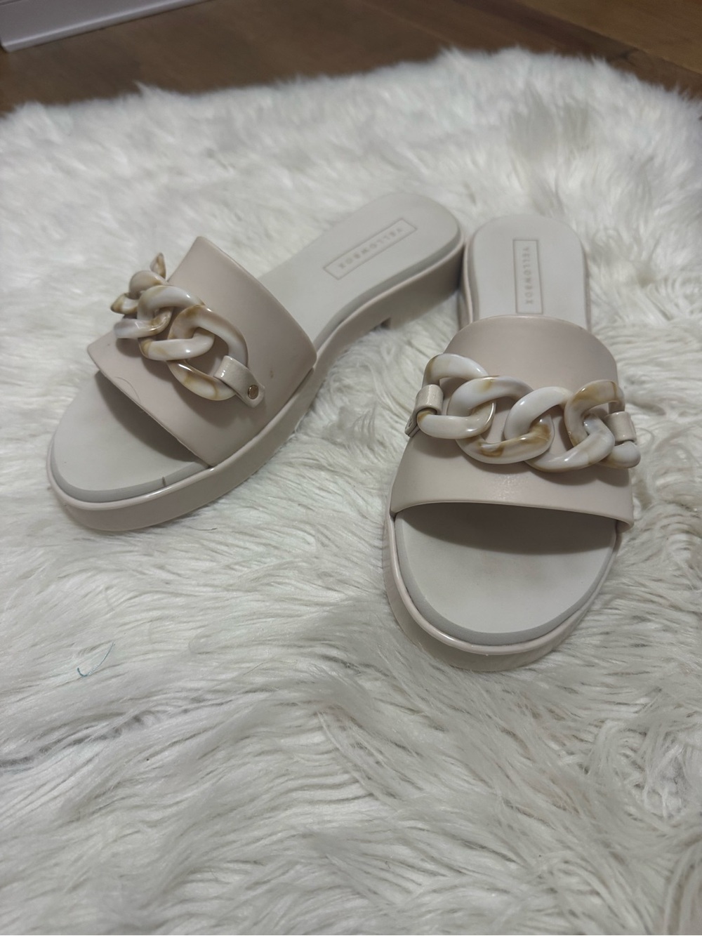 Yellow Box Cream Slide Sandals with Chunky Chain